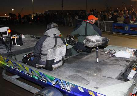 Steve Kennedy's duck boat didn't avoid the frost, but it does have a fresh wrap. Only Kennedy and Rick Clunn are using an aluminum boat on Day One.