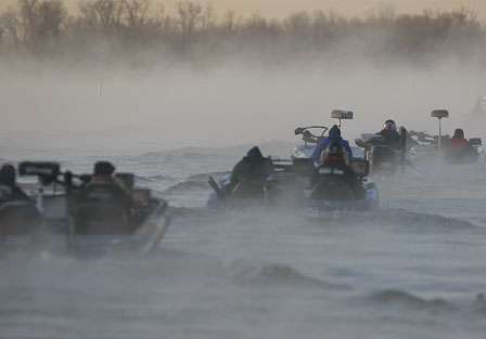 Anglers slowly make their way out of the cove before gunning it to their first spot. 