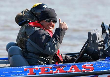 Federation Nation angler Bryan Schmidt lets everyone know he's having a good time. For a brief moment at the start of the day, Schmidt unofficially led the Classic.