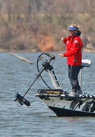 Kim Bain, the first woman to ever fish the Classic, picks up to try a new area.