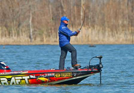 Kelly Jordon makes a long cast around noon on Friday.