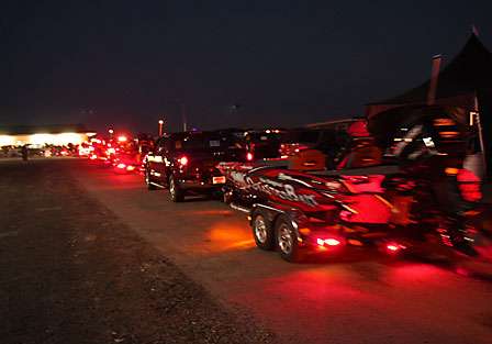 The Toyota Tundras pull the anglers toward the marina and the launch ramp at the boat yard at the Red RIver Marina.