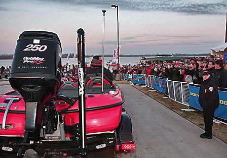 Kevin VanDam is cheered on at the ramp despite his somber disposition. He has a lot of ground to make up on Day Two.
