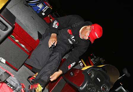 Day One leader Boyd Duckett gets ready for Day Two of the 39th Bassmaster Classic on the Red River.