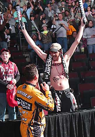 This crazy Mercury fan was picked out of the crowd by Bassmaster Elite Series pro Gerald Swindle as the 
