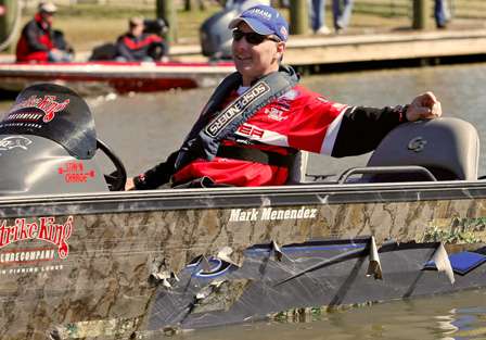 The wrap on Mark Menendez's boat shows the wear from the difficulty he had getting to his winning spot on Lake Dardanelle.