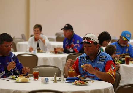 Before the anglers meeting, dinner is provided for all the Elite Series pros and co-anglers, along with their families and BASS staff.