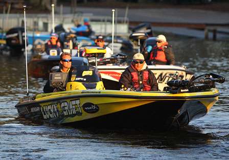 Skeet Reese leads a later flight of boats through the no-wake zone. Reese is in 33rd place with 22 pounds, 15 ounces. 