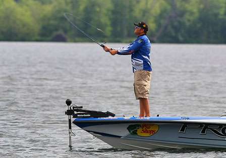 Early on Day One, Brian Snowden was throwing a jerkbait on main lake points.