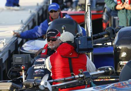 At the appointed takeoff time of 7:15 a.m., Tommy Biffle was the first angler off the dock, behind only his cameraman.