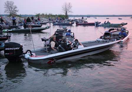 WBT pro Pam Martin Wells jockey's for position among the boats that are lining up to go through the BASS inspection prior to launch.