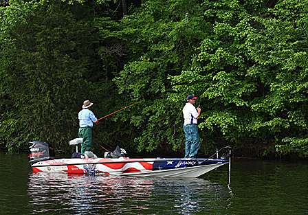 Pro Gary Cronin and his co-angler Arthur Carter patiently work a point on the upper end of Wheeler Lake.