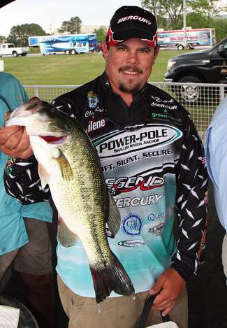 Chris Lane holds a healthy largemouth bass. The larger bass were hard to find on  Day One on Wheeler Lake.