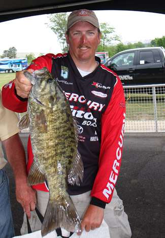 This big smallmouth bass was of great advantage to Jimmy Mason on Day One as it helped propel him to second place on the pro side of the tournament with 14 pounds, 2 ounces.
