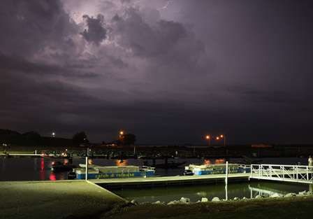 Day Two begins with a thunderstorm greeting the anglers at Ingall's Harbor. Lightning and hail postponed the launch until the fast moving storm blew through Decatur, Alabama.