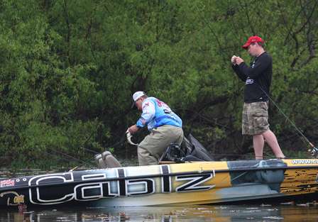During a break in the rain, Steve Wisdom and his co-angler double up on smaller 