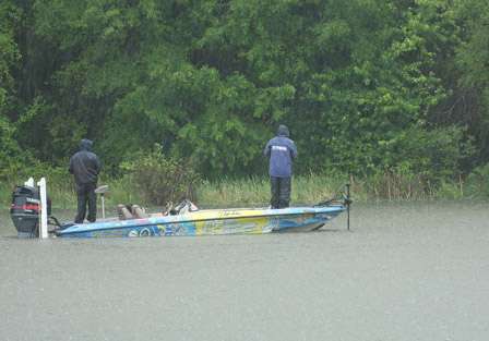 Elite Series Rookie J. Todd Tucker and his co-angler work a shallow bank as the rain continues to fall.