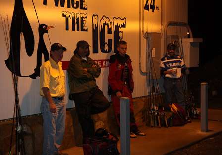 Co-anglers gather at the ice house at Ingall's Harbor to wait for their pros on the final day of the Bassmaster Southern Open #2 presented by Oakley.
