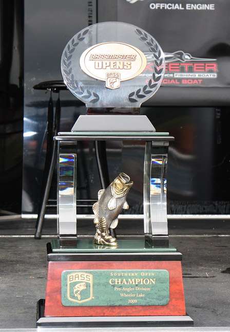The Southern Open Champion trophy stands tall on the stage, waiting for the next champion to be crowned in the Bassmaster Southern Open Division.