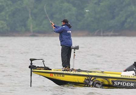 Day One leader Bobby Lane makes a cast on the ledge where he built his Day One total.
