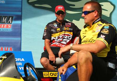 VanDam watches as Skeet Reese is brought to the stage trying to take over the lead in the tournament and the Toyota Tundra Bassmaster Angler of the Year race.
