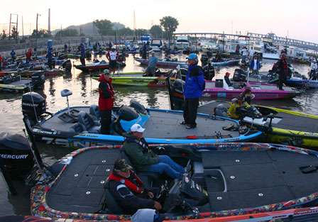 The full field of anglers packed into the small take-off area waiting for their boat number to be called.