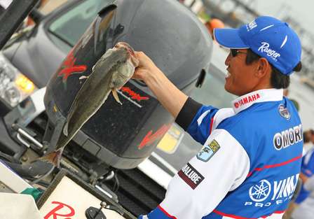 Takahiro Omori holds up his biggest fish on the final day of competition. This 4-pound, 9-ounce bass was the Big Bass of the tournament and helped him finish in eighth place.