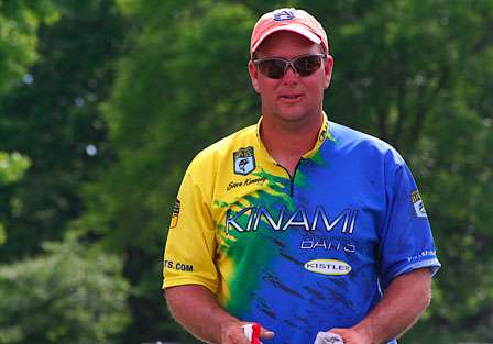 Steve Kennedy about to be lead to the Bassmaster stage after making the top 12.