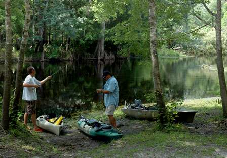 Chris Horton and David Jones prepare the Kayaks for the Santa Fe float. This scenic little river is home to a healthy population of Suwannee bass.