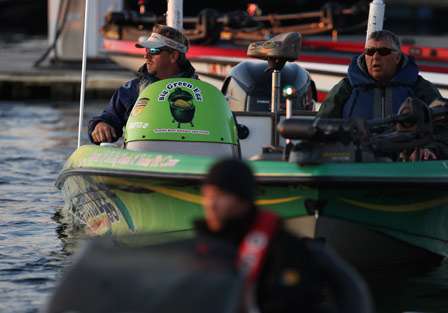 Bassmaster Elite pro J Todd Tucker and his co-angler Ross Wellman make their way through the inspection process before starting Day One on Lake Champlain.