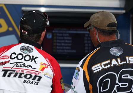 Bassmaster Elite Series pro Ken Cook and pro Frank Scalish keep an eye on the leader board to see if they would be able to fish on the final day. They both made the cut to fish on Saturday.