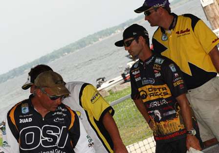 The final pro anglers wait with anticipation to take the Bassmaster stage for their official weights.