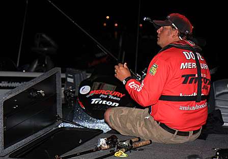 Bassmaster Elite pro Kurt Dove readies his gear as he waits for time to launch.