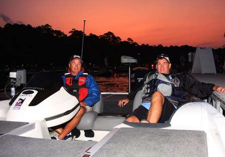 Pro Danny Owens and his co-angler Richard Earle are the first boat to leave the  cove as Day One gets underway.
