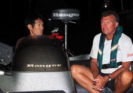 Many anglers share conversation as they wait for the official launch. Yukinari Uchiyama and Jacques Fleischman are no different, getting to know each other before a day of competition on Sam Rayburn Reservoir.