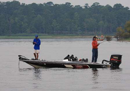 Pro Vincent Parello and his co-angler Wallace Ledet take a different approach on Sam Rayburn, shoosing to crank a ledge just off the main lake.