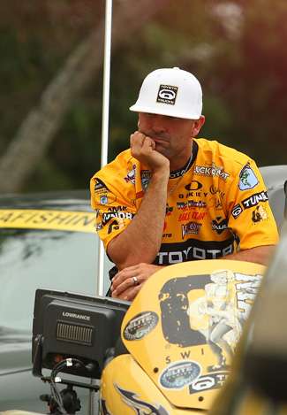 Gerald Swindle waits for the Berkley Powerbait Trophy Chase weigh-in to begin.
