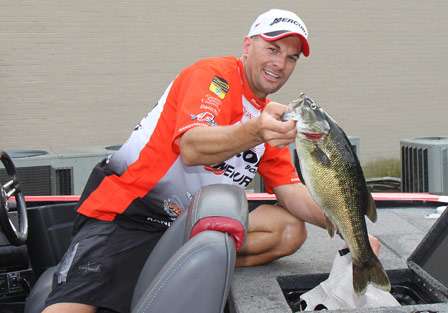 Elite pro Randy Howell holds up one of the better bass he snatched from Lake Jordon on Day Two.