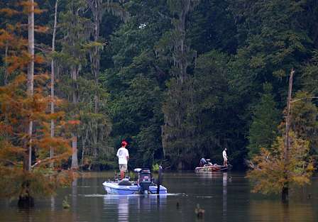 Kelly Jordon and Todd Faircloth were fishing the same area early on Day One of practice on the Alabama River. 