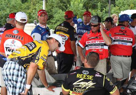 The Top 12 Elite Series qualifiers for the Toyota Trucks Bassmaster Angler of the
Year wait back stage as the weigh in gets underway.