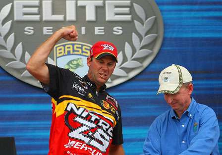 Kevin VanDam reacts to his Day One leading weight, knowing that he temporarily took hold of the TTBAOY lead with one angler to go.