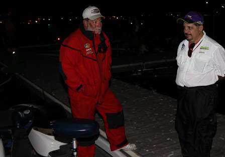 Pro Jeff Kuhar (left) visits with his co-angler James LaRosa on the dock prior to launch.