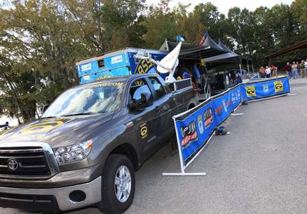 A side shot of the stage shows the satellite dish mounted on a Toyota Tundra that allows the weigh-in to be streamed live all over the world via the internet.
