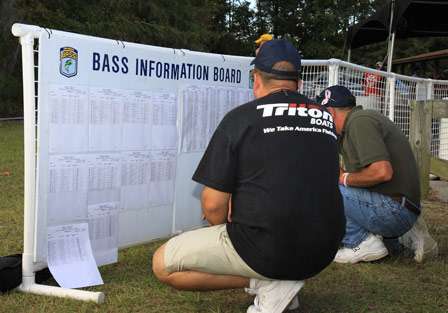 Competitors check the BASS information board behind stage to see who they will be paired with on Day Two.