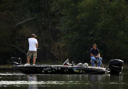 Preston Henson makes a comment to his co-angler Bryan Moeller after missing his second fish within minutes of the first.