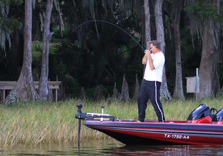 Reutlinger sets the hook hard on a bass early on Day One of the Federation Nation Championship.