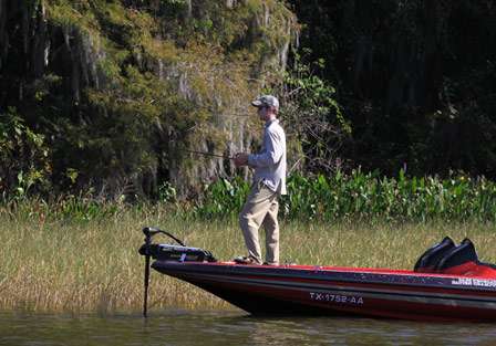 Brandon Card works vegetation near the shoreline, a tactic many anglers in the Federation Nation Championships were utilizing. 