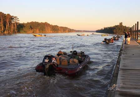 The few remaining boats make their way through the inspection process and out onto the expansive Atchafalaya Basin for Day One of the final Bassmaster Central Open.