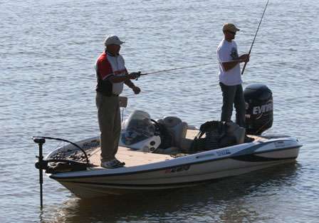 Competitors fish near the Lake Dardanelle State Park on Day Two of the Toyota Tundra Bassmaster Weekend Series Championship.