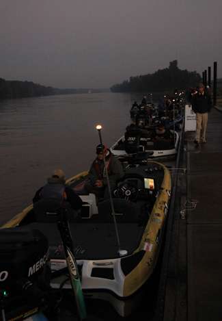 The pros are lined up in order of their standings as they ready for launch. They pros are matched up with co-anglers at random.
